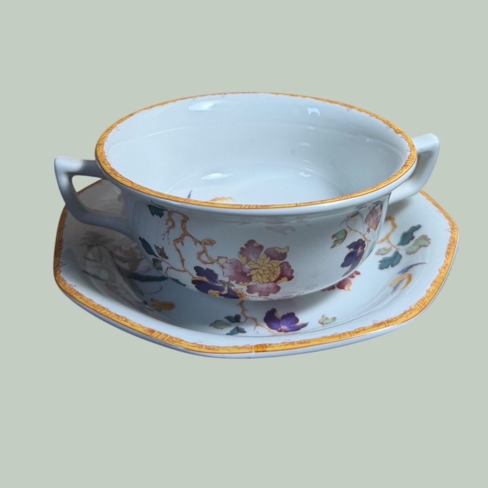 Wedgwood Devon Rose‎ Chinoiserie Cream Soup Bowl and Saucer Floral Bird England
